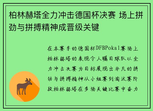 柏林赫塔全力冲击德国杯决赛 场上拼劲与拼搏精神成晋级关键