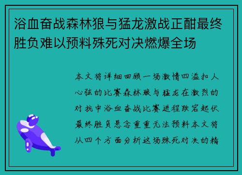 浴血奋战森林狼与猛龙激战正酣最终胜负难以预料殊死对决燃爆全场