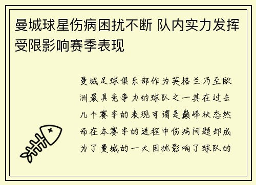 曼城球星伤病困扰不断 队内实力发挥受限影响赛季表现