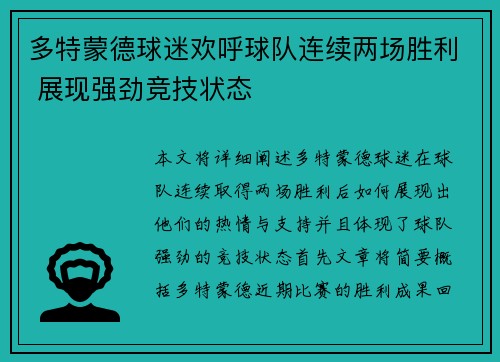 多特蒙德球迷欢呼球队连续两场胜利 展现强劲竞技状态