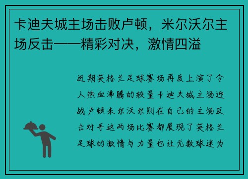 卡迪夫城主场击败卢顿，米尔沃尔主场反击——精彩对决，激情四溢